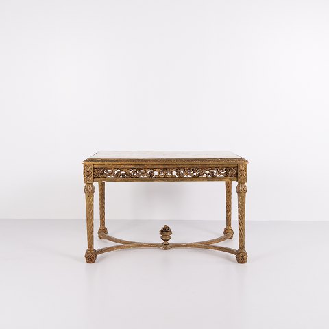 Antique Salon Table With Marble Top – Detailed Carvings – Gilded Wood – Louis XVI Style – 1850s