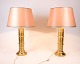 Set of Two Vintage Table Lamps - Brass Base - Retro Style - Pink Lampshades - 
1970s
