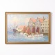 Peinture sur Toile Représentant le Port de Tornø Signée des Années 1950