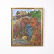Peinture sur toile avec motif coloré dans un cadre doré des années 1970