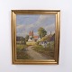 Peinture à l’Huile sur Toile de C. Veilsø avec Scène de Village Danois, Maisons au Toit de Chaume et Clocher, vers 1930–1950