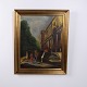 Peinture Urbaine sur Toile avec Église et Personnages dans un Cadre Doré 76,5 x 62,5 cm